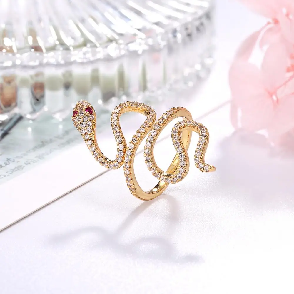 Classic gold pavé lang slange pakket fuld finger snake-formet mode ring damer smykker 0