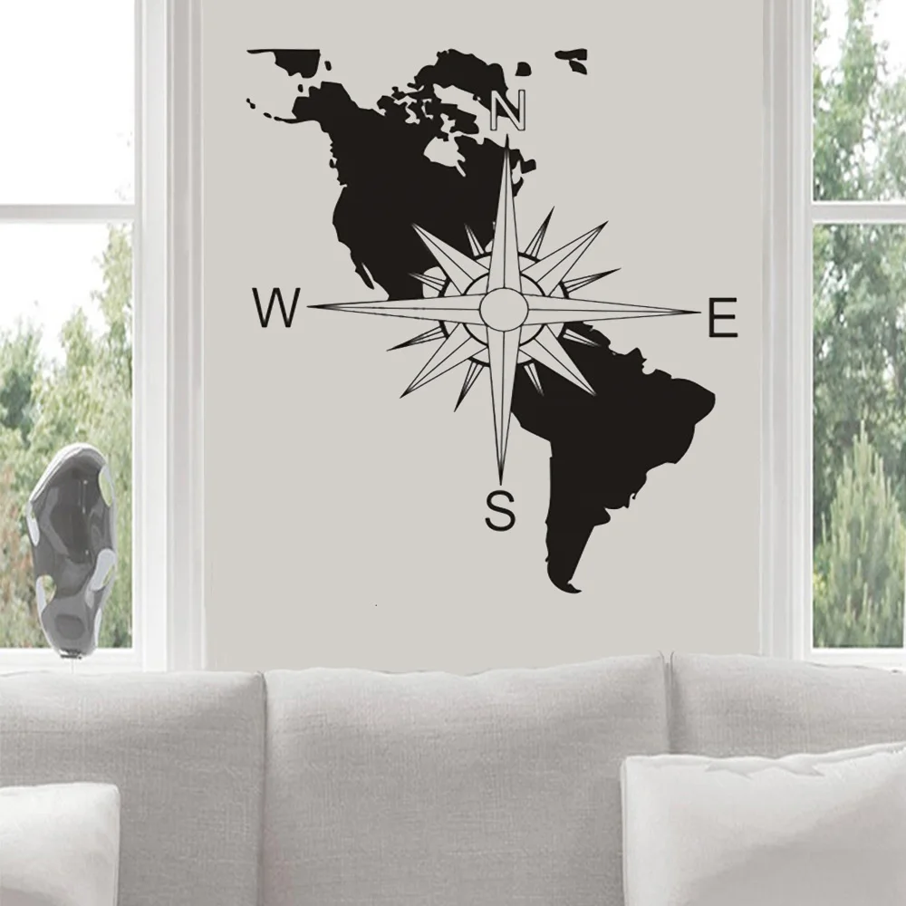 Wall Stickers Kontinent Kort Væg Kunst Decal Vægmalerier Navigation Kompas Design Kort Flytbare Amerika Retning Tegn På Decal 0