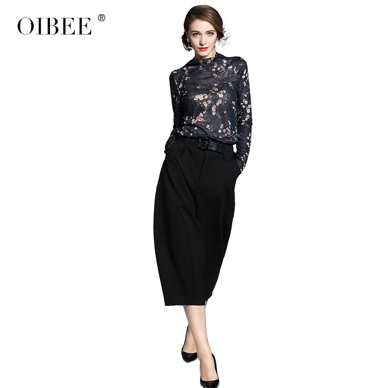 OIBEE2019 Nye Mode Skåret Ud Almindeligt Kvinder Tee Elegant Sort langærmet T-shirt med O-Hals blomsterprint Alle-match Toppe Tee 0