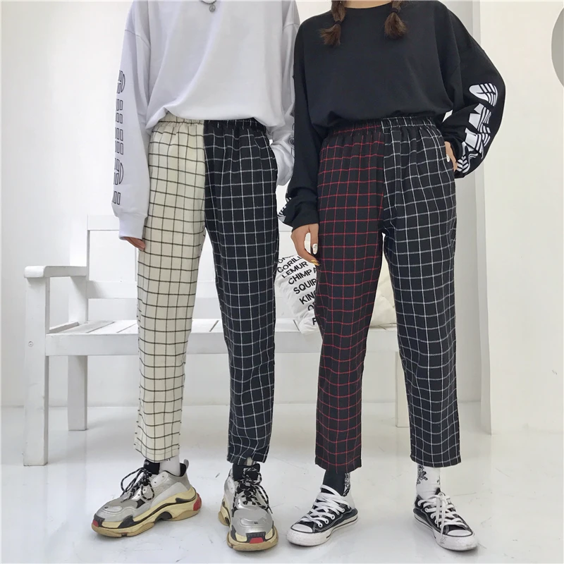 Harajuku Bukser Patchwork Plaid Pant Women Snøre Elastik I Taljen Lige Varme Efterår Mode Outwear 0