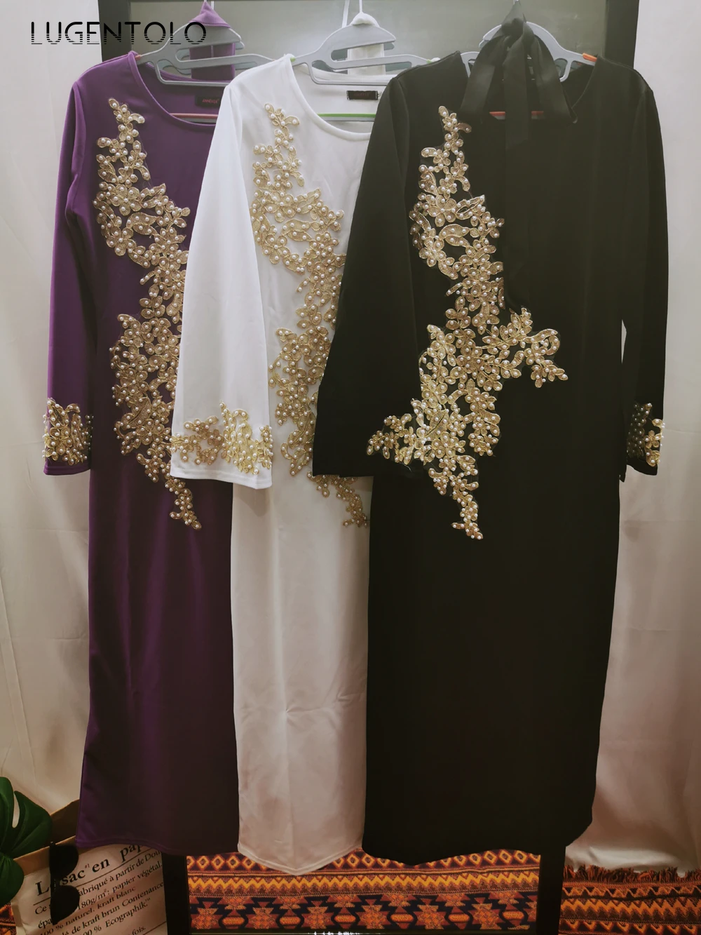 Lugentolo Kvinder Lang Kjole Mode Muslimske Arabiske Pearl Kjoler Middagsselskab Plus Size Løs, Afslappet Og Elegant Kvindelige Maxi Kjole 0