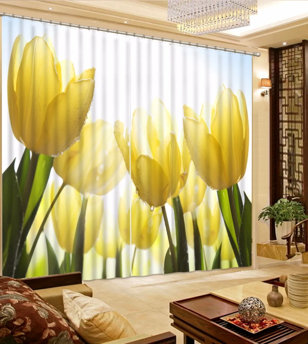 Tilpas Størrelsen 3D Gardin Gul Tulip Flower Gardin Blomst Seng Stue Kontor Hotel Cortinaer 3D Gardin Mørklægning 0