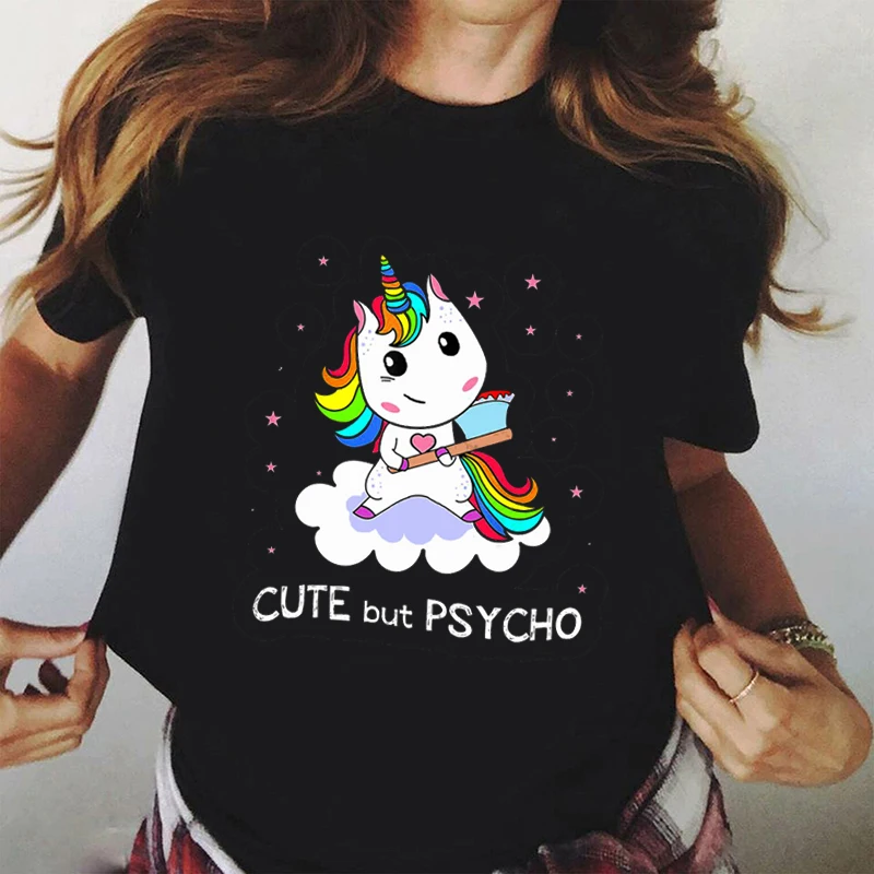Søde piger, Men Paycho Print Kvinder T-Shirt Hvid t-shirts Lady Unicorn Korte Ærmer Kvindelige Sommer Toppe Dame T-shirt Sjove Tshirt 0