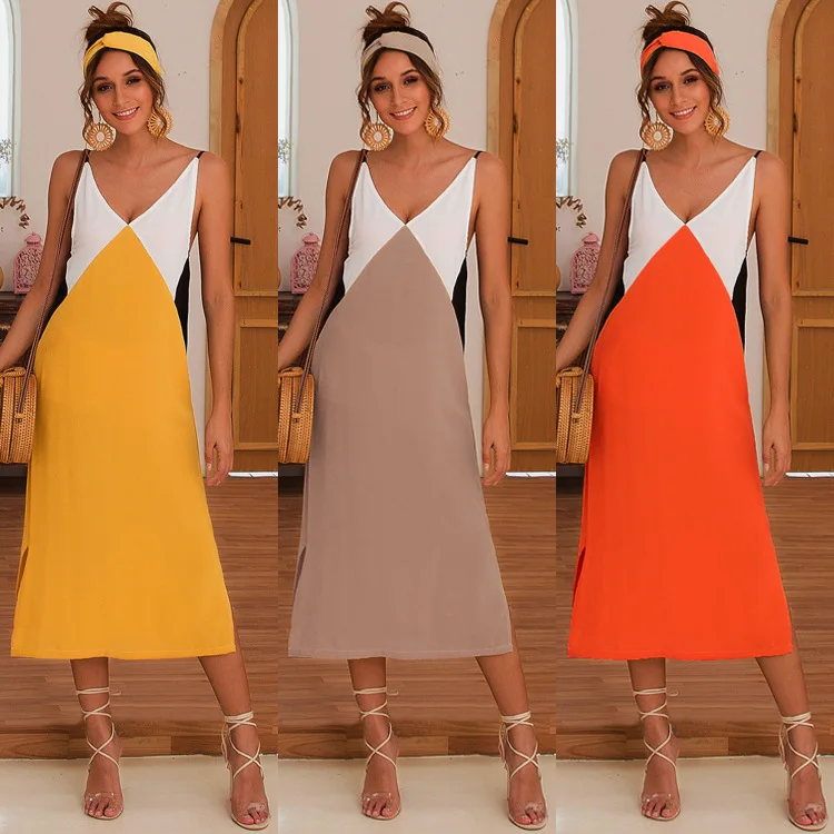 Tøj OWLPRINCESS 2020 Sommer Mode Syninger i Kontrast Farve Sexet Seler V-hals Kjole 0