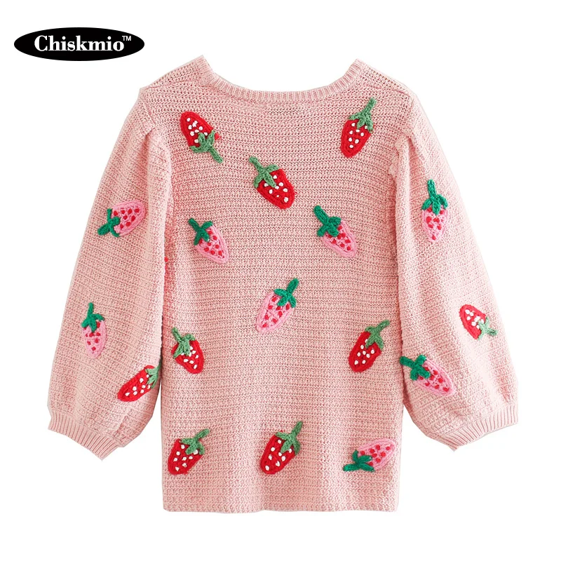 Chiskmio Jordbær Pink Sweater Kvinder At Strikke Toppe Løs O-Neck Pullover, Med Ni Point Med Lange Ærmer Strik Kvinder Sødt Tøj 0