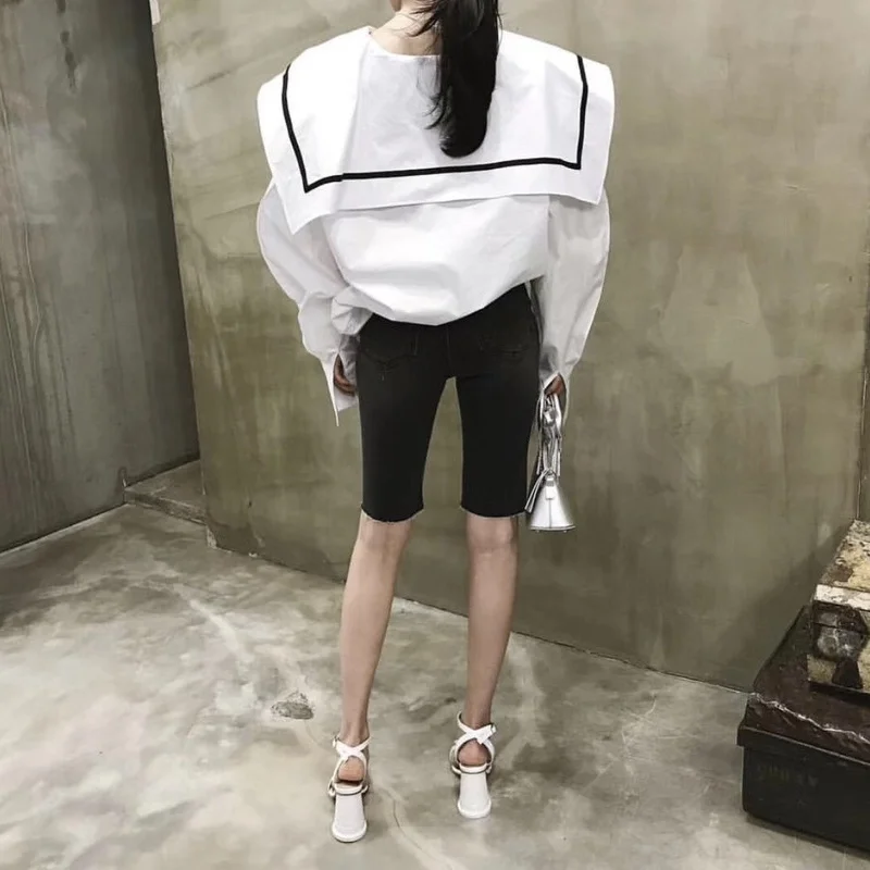 2020 Bluser Forår, Efterår Lange Puff Ærmer Hvid Matros Krave Løs Plus Size Bluse Koreansk Modetøj Casual Kvinde Shirt 0