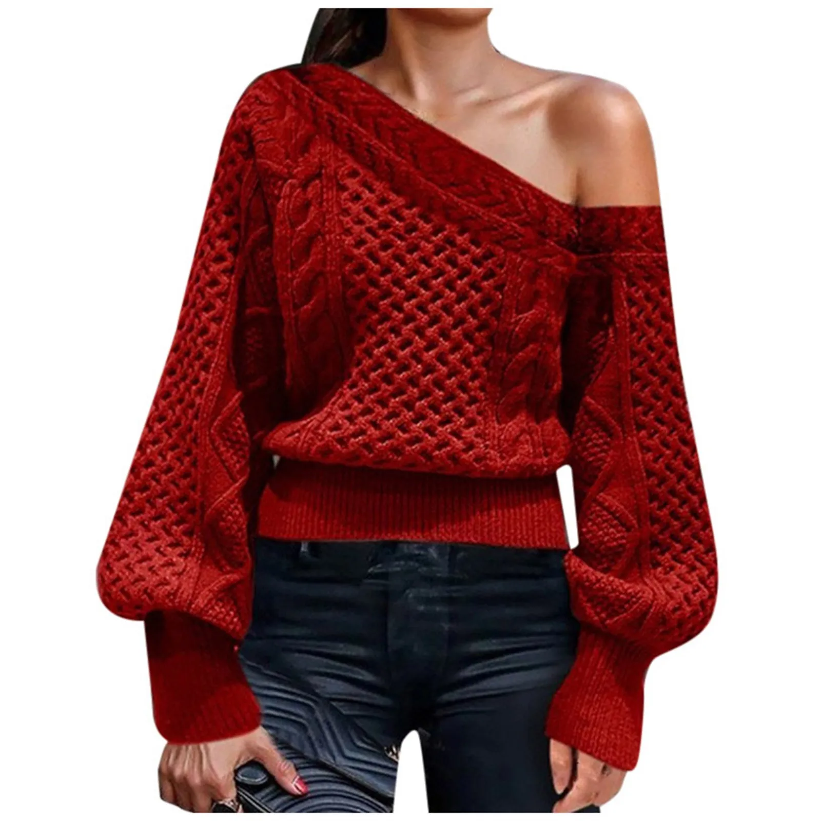 2020 Sexet Strikket Sweater Off Skulder Pullovere Trøje til Kvinder med Lange Ærmer V-hals Kvindelige Jumper Sort Rød Tøj #1214 0