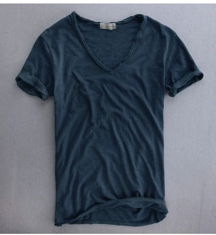 2020 sommeren afslappet T-shirt i ren bomuld slub åndbar retro ensfarvet V-hals, korte ærmer 0