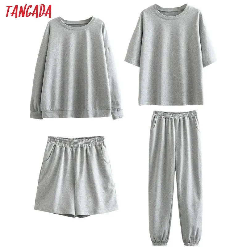 Tangada 2020 Efteråret Kvinder Terry 95% bomuld, passer overdimensionerede sæt o-neck sweatshirt trøjer shorts bukser passer 6L30 0