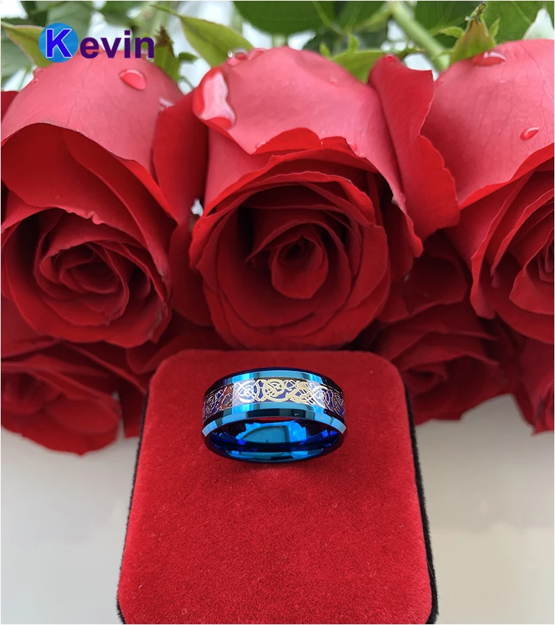Mænd Kvinder Bryllup Band Blue Wolfram Ring Med Blå Carbon Fiber Og Dragon Indlæg 8MM Comfort Fit 0