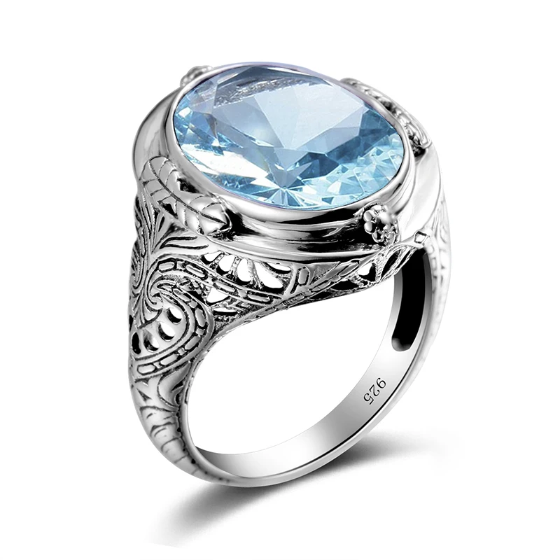 Szjinao Aquamarine Ringe Til Mænd I Ægte 925 Sterling Sølv Dame Unisex Ring Vintage Håndlavet Kvindelige Kendte Mærke Smykker Gothic 0