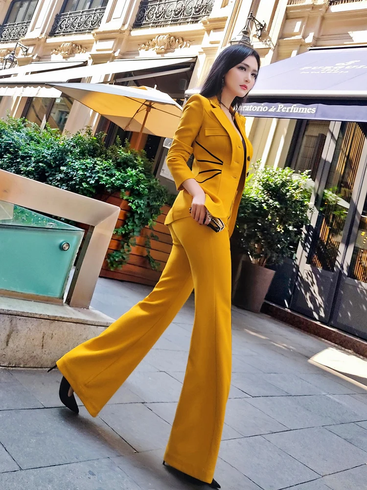Stilfuld koreanske Damer Passer Slim Fit Afslappet Solid Gul Blazer Kjole Enkel Abrigo Mujer Part Kontor Kvinder Bukser Kulør MM60NTZ 0