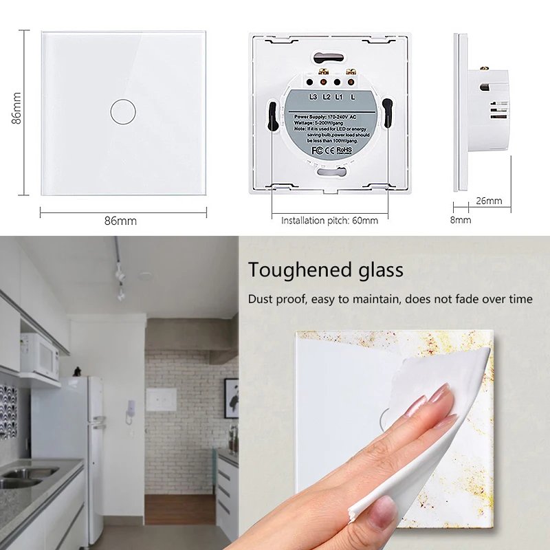 Light Touch EU-Standard 1 Gang 1 Måde Væggen Hjem Skifte Krystal Glas Switch Panel Smart Home Automation 0