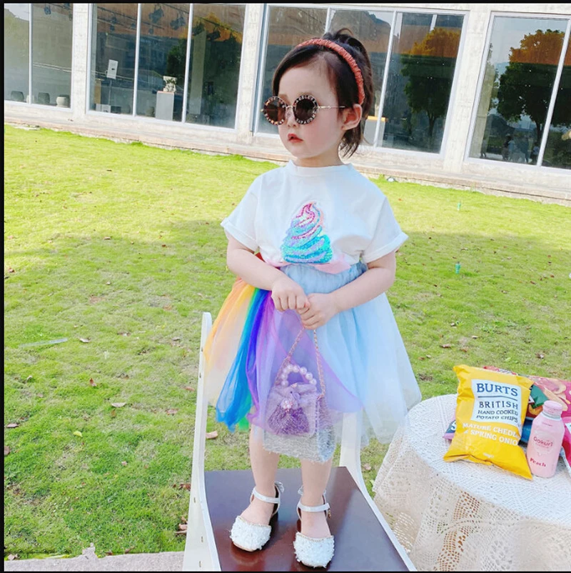 Sommeren Nye Børn Passer Piger Sequined Is Butterfly Kort-Langærmet T-Shirt + Rainbow Nederdel To-Piece Suit Piger Dress 0