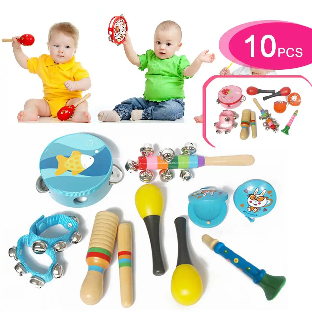 Børn, musikinstrumenter, Legetøj 10/19Pcs Træ Percussion-Xylofon Toy Sæt Til Drenge Og Piger i Børnehaveklasse Uddannelse Med opbevaringspose 0