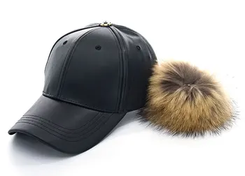2016 Ny ægte pels pom pom hætte til kvinder Foråret candy farve PU baseball cap med ægte pels pom poms helt nye kvindelige cap B310 0