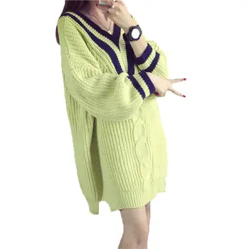2018 Foråret Efteråret Nye Løs Mellemlang Lang Strik Sweater Kvinder koreanske Stor Størrelse V-hals Pullover Twist Sweater Kjole Kvindelige LQ104 4