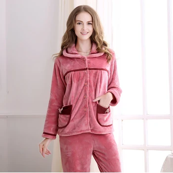 2018 Kvinder Nye Coral Velvet Nattøj Sæt Lommer Flannel Velour Pyjamas Kvindelige Hjem Tøj Vinter Varm Langærmet Pink Rød 18750