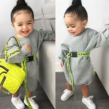 2019 Fashion Baby Pige med efteråret Tøj med Lange Ærmer Sport Kjole med bælte Buksetrold Barn casual grå Pullover Kjoler 1