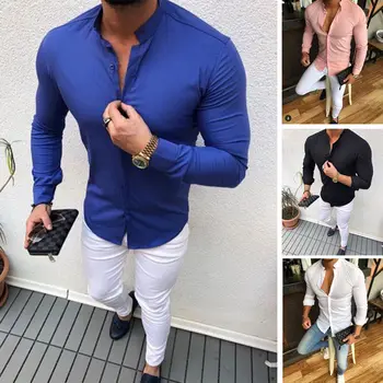 2019 Hot Mænds Slim V-Hals Lange Ærmer Muskel Solid Skjorte Afslappet Shirts Toppe Bluse Mænd Passer Knapper Shirt Drop Shipping 4