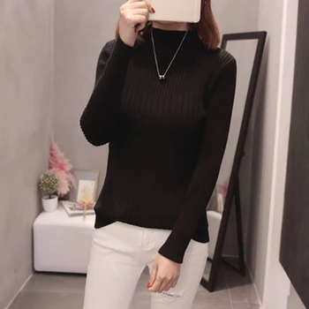2019 koreanske version Strik Kvinder Halvdelen høj krave Sweater Toppe Femme foråret Efteråret Lange Ærmer Pullover Kvinder Trøjer ZX201 1