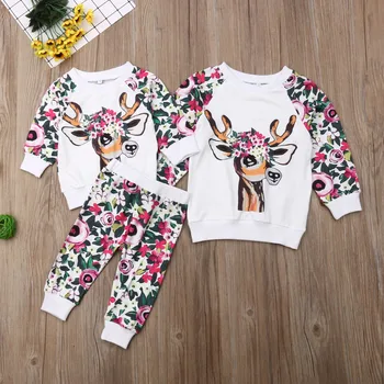2019 Nyfødte Baby Pige Kids Tøj Blomster dyreprint Toppe + Lange Bukser 2stk eller Søster Sweatshirt Toppe Tøj Tøj 5