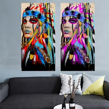2019 Stor størrelse native Indian Girl Fjer Lærred Maleri Til stuen Wall Art Prints Hjem Decor gratis fragt Urammet 2