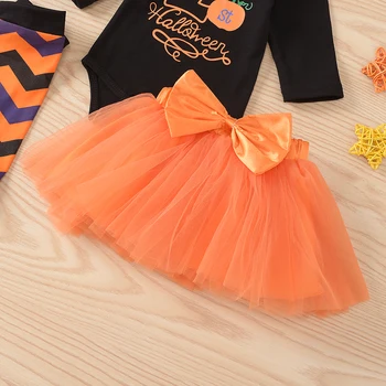 2020 Baby Pige Halloween Outfits Brev Print Sparkedragt+Pailletter Bue +Chiffon Tutu Nederdel+benvarmere+ Pandebånd Tøj Sæt 4stk 5