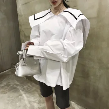 2020 Bluser Forår, Efterår Lange Puff Ærmer Hvid Matros Krave Løs Plus Size Bluse Koreansk Modetøj Casual Kvinde Shirt 1