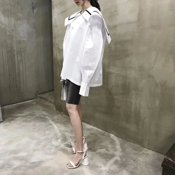 2020 Bluser Forår, Efterår Lange Puff Ærmer Hvid Matros Krave Løs Plus Size Bluse Koreansk Modetøj Casual Kvinde Shirt 4