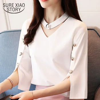 2020 Damer Toppe Kvinder Bluse Perlebesat Solid Hvid Skjorte Bluse Tøj Harajuku Tre Kvarter V-Hals Chiffon Blouse 2994 50 5
