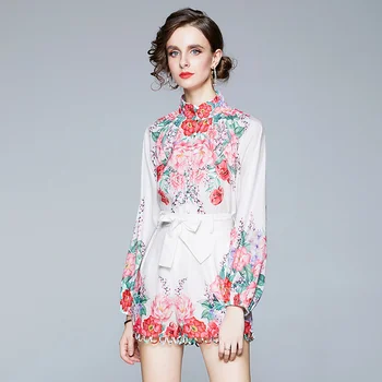 2020 Efterår Mode Elegant Blomster Print langærmet Skjorte + Høj Talje Lace-up Bred Ben Shorts To-delt Sæt Leisure Suit Kvinder