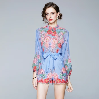 2020 Efterår Mode Elegant Blomster Print langærmet Skjorte + Høj Talje Lace-up Bred Ben Shorts To-delt Sæt Leisure Suit Kvinder 1