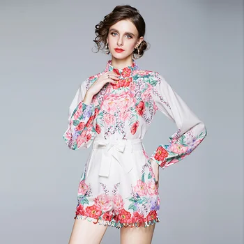 2020 Efterår Mode Elegant Blomster Print langærmet Skjorte + Høj Talje Lace-up Bred Ben Shorts To-delt Sæt Leisure Suit Kvinder 3