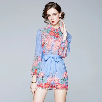 2020 Efterår Mode Elegant Blomster Print langærmet Skjorte + Høj Talje Lace-up Bred Ben Shorts To-delt Sæt Leisure Suit Kvinder 5