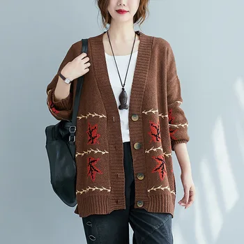 2020 Efterår og Vinter koreansk Stil Cardigan Plus Størrelse kvinde ' s Cardigan med V-hals Retro Løs Casual Strikket Udskrive Nye Sweater Frakke 19252