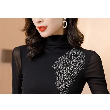 2020 Efteråret Kvinder Elegante Mode Mesh Syning Afslappet Kvinder Bluse Diamant Beaded Chiffon Skjorte Kvinder Tøj Top Blusas 10767