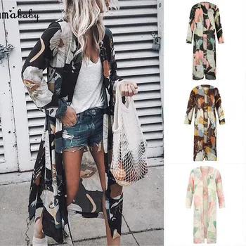 2020 Efteråret Mode Kvinder Dame Blomster Trykt Maxi Kimono Duster Chiffon Cardigan Shirts Løse Bluser Streetwear Strand 1