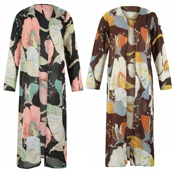2020 Efteråret Mode Kvinder Dame Blomster Trykt Maxi Kimono Duster Chiffon Cardigan Shirts Løse Bluser Streetwear Strand 2