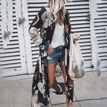2020 Efteråret Mode Kvinder Dame Blomster Trykt Maxi Kimono Duster Chiffon Cardigan Shirts Løse Bluser Streetwear Strand 3