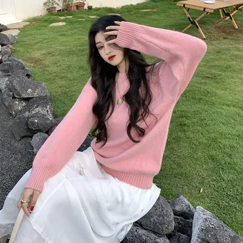 2020 Efteråret Trække Koreanske Retro Femme Vinter Tøj Søde Trøjer Solid Basic Pullover Kvinder Sweater Casual Løs Strikket Jumper 10328