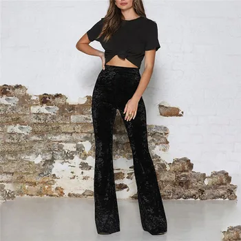 2020 Fashion Kvinder Solid Velvet Blusset Lange Bukser Med Høj Talje Elastisk Bell Bottom Bred Ben Grundlæggende Bukser Pantalones 0