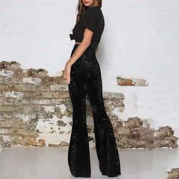 2020 Fashion Kvinder Solid Velvet Blusset Lange Bukser Med Høj Talje Elastisk Bell Bottom Bred Ben Grundlæggende Bukser Pantalones 4