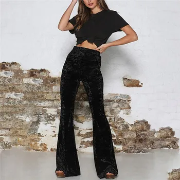 2020 Fashion Kvinder Solid Velvet Blusset Lange Bukser Med Høj Talje Elastisk Bell Bottom Bred Ben Grundlæggende Bukser Pantalones 5