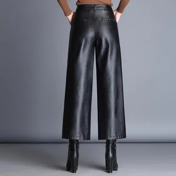 2020 koreanske Bukser Plus Size Høj Talje Pu Bred Ben, Ankel-længde Bukser Kvinder Baggy Sort Skinnende Imiteret Læder Dame Løse Bukser 2