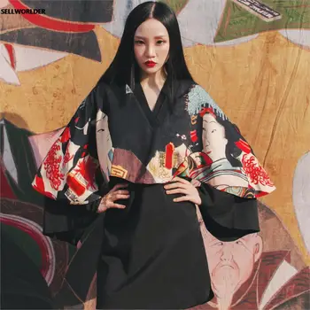 2020 Kvinde Japansk Kimono Style Ukiyoe Udødelige kærlighed Lange ærmer Kjole 0