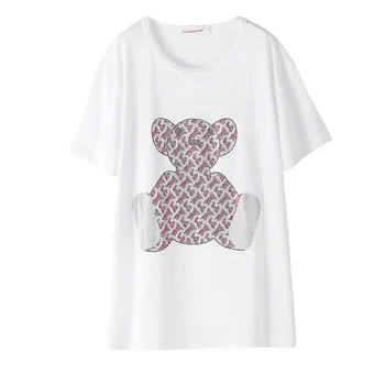 2020 Kvinder Plus Size Boring, T-shirts, Tøj, Mode Tegnefilm Diamanter T-shirts Sexet Løs Hvid Tshirt koreanske Tees T246 5