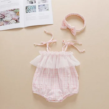 2020 Nyfødte Baby Tøj Spædbarn Pige Romper Bomuld Prinsesse Fødselsdag Plaid Buksedragt Bue Hovedbånd Sæt 2STK Sunsuit 0-24M 0