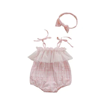 2020 Nyfødte Baby Tøj Spædbarn Pige Romper Bomuld Prinsesse Fødselsdag Plaid Buksedragt Bue Hovedbånd Sæt 2STK Sunsuit 0-24M 3