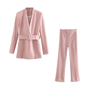 2020 Pink Vintage Plaid Bukser, Der Passer Kvinder Sexy-V-Hals Bælte Blazer Jakke Frakke+Nødblus Bukser Kvindelige Kontor To Delt Sæt 0
